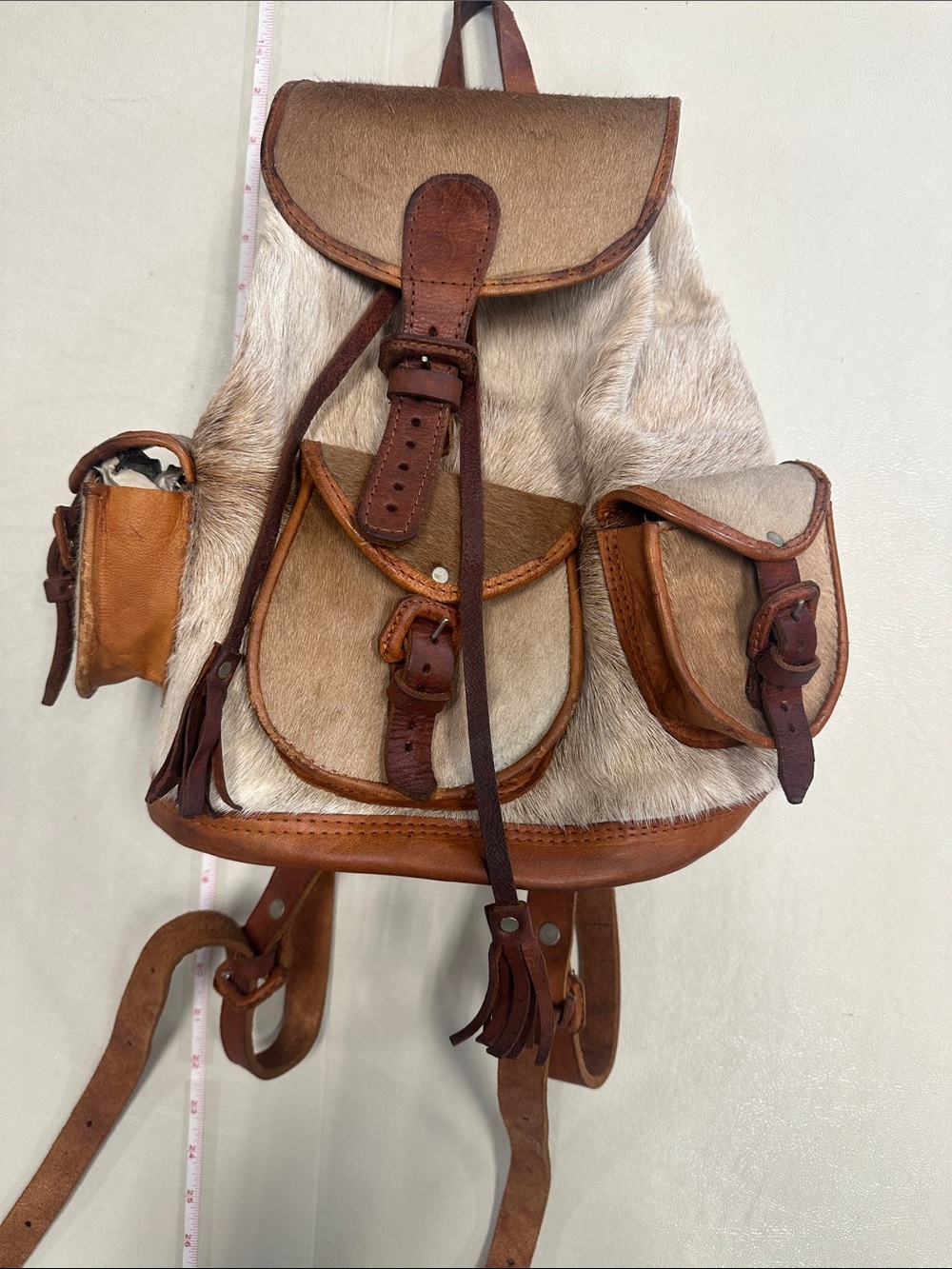 Cowhide Leather & Hair-On Hide Backpack in Tan and Cream 13X9”